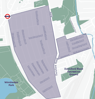 Map outlining area within which the Southfields 0% letting fee applies