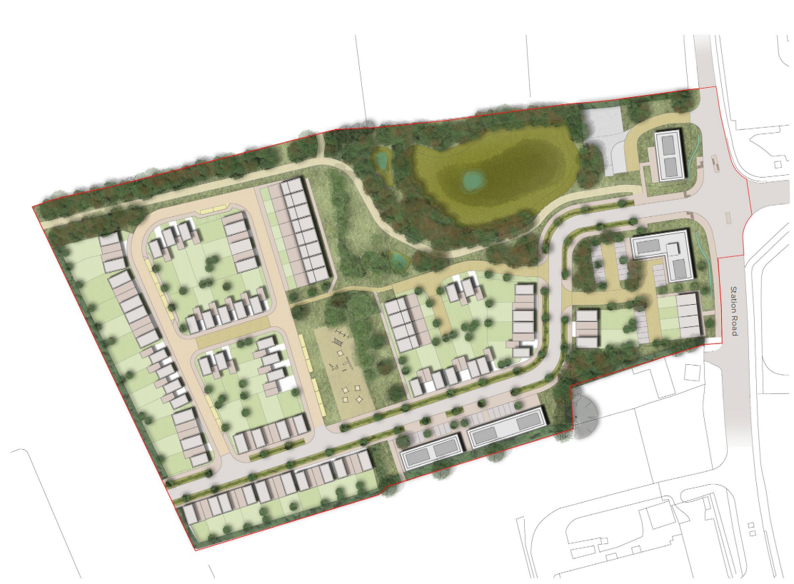 Birds eye view graphic of estate development in Cambridgeshire